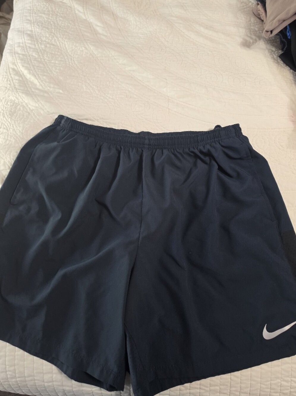 Nike Men's Navy Elastic-Waist Swim Trunks with White Swoosh